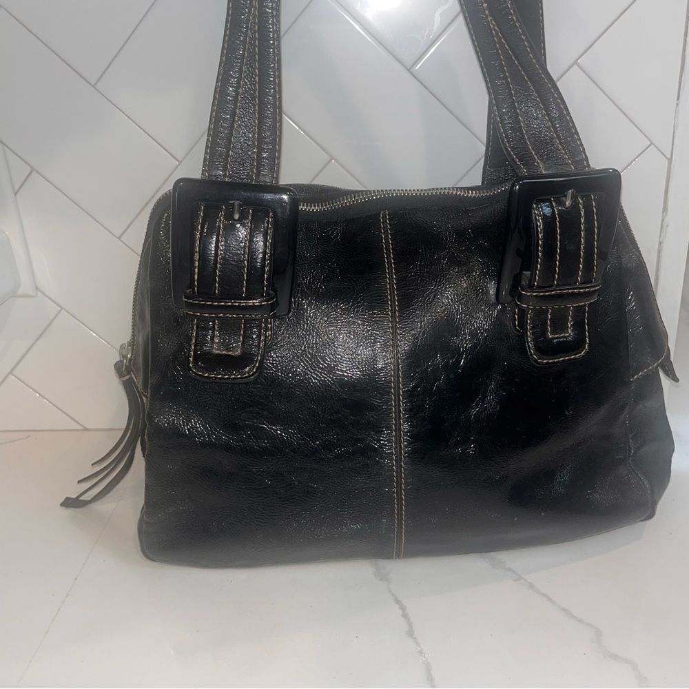 Francesco Biasia Shoulder Bag Black Leather Minimalist Y2K Silver Hardware Italy